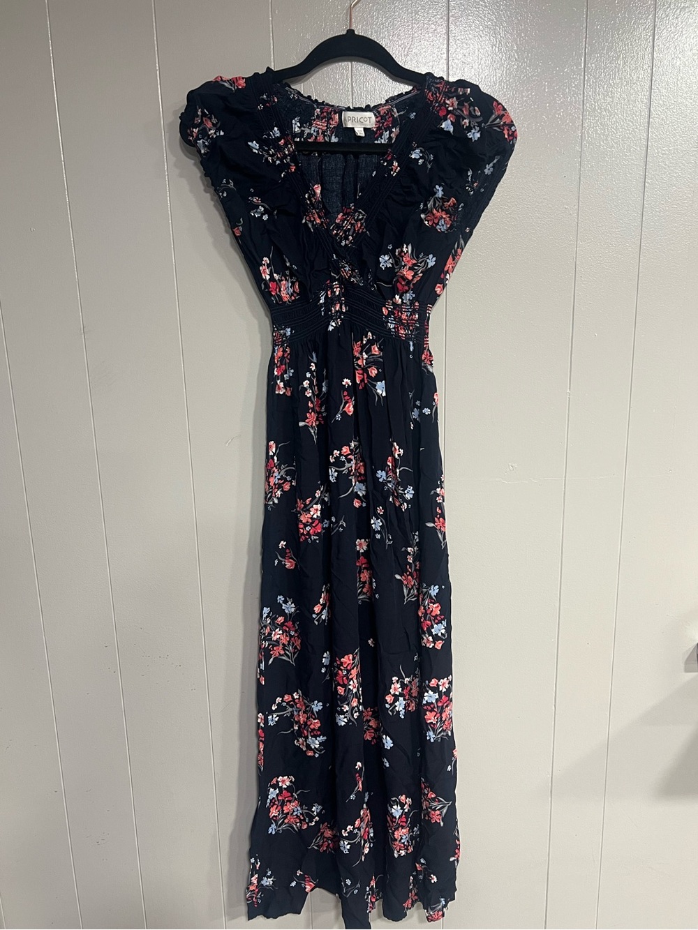 APRICOT Navy Maxi Dress Floral Puff Sleeve Size L Cottagecore